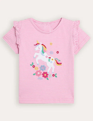 Fuchsia roze eenhoorn applici-franje schoudert-shirt